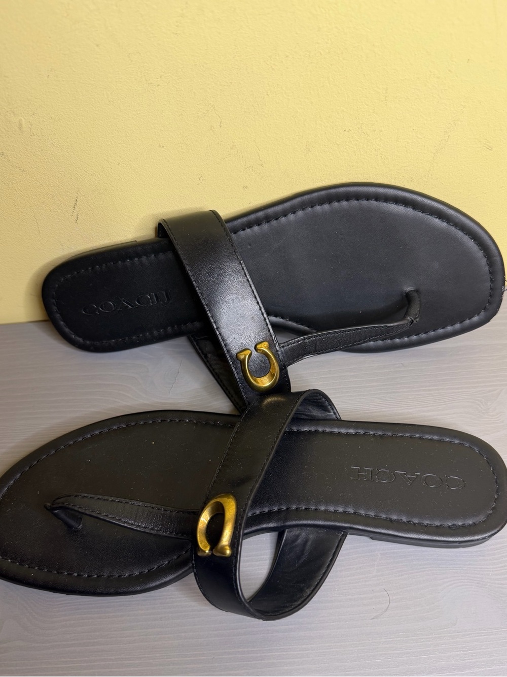 Coach Black Leather Thong Sandals with Gold Hardware, size 9.5